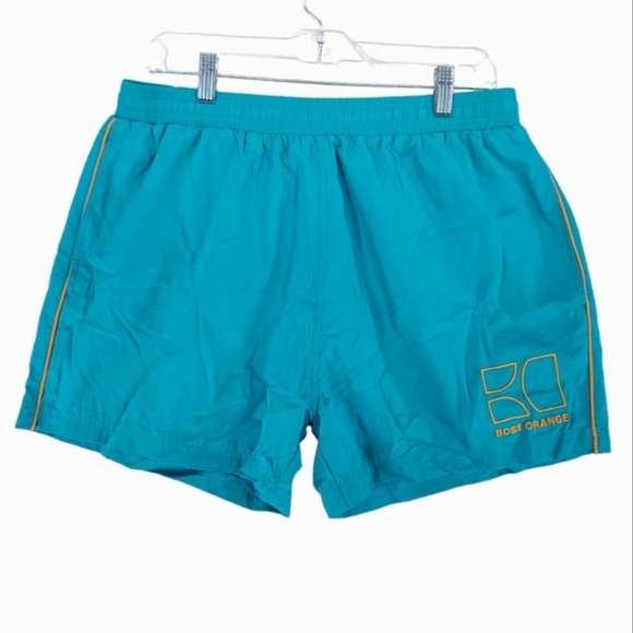 Hugo Boss Orange Shorts Swim Trunks Men XL 32 Teal Blue Drawstring Unlined 3.75” - Picture 1 of 11